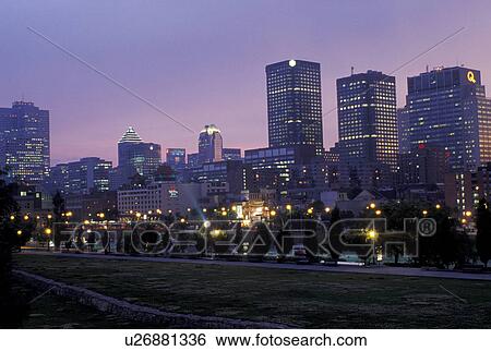 Montreal, Canada, Quebec, Place-d' Armes, Skyline of downtown Montreal in the evening from Champ de Mars. View Large Photo Image Stock Photograph - Montreal, Canada, Quebec, Place-d' Armes, Skyline of downtown Montreal in the evening from Champ de Mars.. Fotosearch