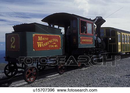 Stock Photograph -  Mount Washington, NH, Breton Woods, White Mountain National Forest, New Hampshire, Mt. Washington Cog Railway train on the summit of Mount Washington in the White Mountain Nat'l Forest.. Fotosearch
