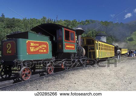 Mount Washington, NH, Breton Woods, White Mountain National Forest, New Hampshire, Mt. Washington Cog Railway train loading passengers at Marshfield Station at the base of Mount Washington in the White Mountain Nat'l Forest. View Large Photo Image Stock Photograph - Mount Washington, NH, Breton Woods, White Mountain National Forest, New Hampshire, Mt. Washington Cog Railway train loading passengers at Marshfield Station at the base of Mount Washington in the White Mountain Nat'l Forest.. Fotosearch