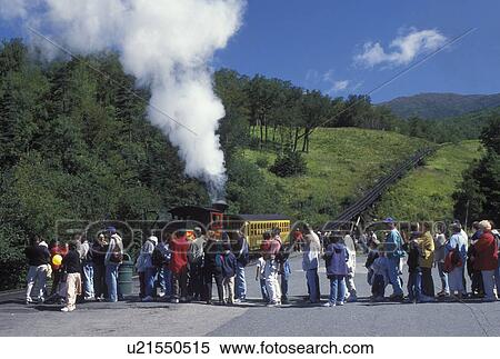 Mount Washington, NH, Breton Woods, White Mountain National Forest, New Hampshire, Passengers waiting at Marshfield Station for the Mt. Washington Cog Railway train at the base of Mount Washington in the White Mountain Nat'l Forest. View Large Photo Image Stock Photography - Mount Washington, NH, Breton Woods, White Mountain National Forest, New Hampshire, Passengers waiting at Marshfield Station for the Mt. Washington Cog Railway train at the base of Mount Washington in the White Mountain Nat'l Forest.. Fotosearch