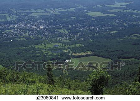 Stock Image -  Mt. Greylock, Adams, MA, Massachusetts, Mt. Greylock, Aerial view of Adams from the summit of Mount Greylock at Mount Greylock State Reservation.. Fotosearch