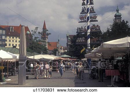 Stock Image -  Munich, beer garden, Germany, Viktualienmarkt, Bavaria, Munchen, Europe, Beer Garden at Viktualienmarkt in downtown Munich.. Fotosearch