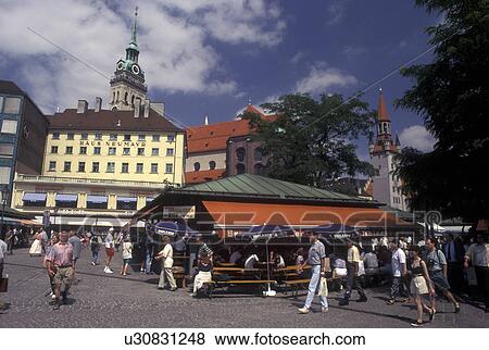 Munich, Germany, Viktualienmarkt, Bavaria, Munchen, Europe, Outdoor restaurant at food market square in downtown Munich. View Large Photo Image Stock Photo - Munich, Germany, Viktualienmarkt, Bavaria, Munchen, Europe, Outdoor restaurant at food market square in downtown Munich.. Fotosearch