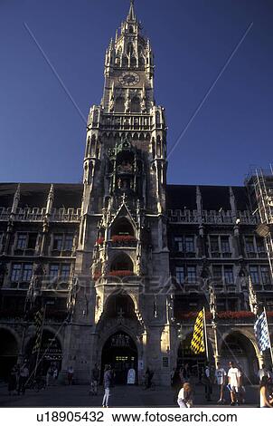 Munich, New Town Hall, Germany, Bavaria, Munchen, Europe, Glockenspiel on the Neues Rathaus at the Marienplatz in downtown Munich. View Large Photo Image Stock Image - Munich, New Town Hall, Germany, Bavaria, Munchen, Europe, Glockenspiel on the Neues Rathaus at the Marienplatz in downtown Munich.. Fotosearch