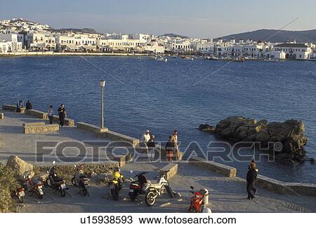 Mykonos, Cyclades, Greece, Greek Islands, Europe, Scenic view of Mykonos Harbor on the Aegean Sea. View Large Photo Image Stock Image - Mykonos, Cyclades, Greece, Greek Islands, Europe, Scenic view of Mykonos Harbor on the Aegean Sea.. Fotosearch