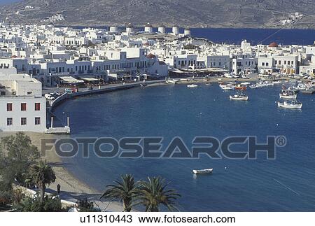 Mykonos, Greece, Greek Islands, Cyclades, Europe, Scenic view of Mykonos Harbor on the Aegean Sea. View Large Photo Image Stock Image - Mykonos, Greece, Greek Islands, Cyclades, Europe, Scenic view of Mykonos Harbor on the Aegean Sea.. Fotosearch