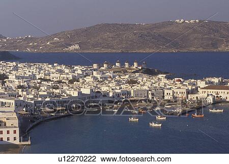 Mykonos, Greece, Greek Islands, Cyclades, Europe, Scenic view of Mykonos Harbor on the Aegean Sea. View Large Photo Image Stock Image - Mykonos, Greece, Greek Islands, Cyclades, Europe, Scenic view of Mykonos Harbor on the Aegean Sea.. Fotosearch