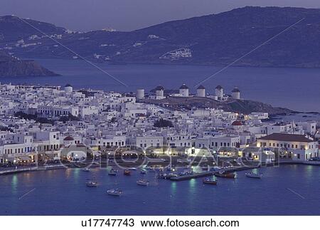 Mykonos, Greece, Greek Islands, Cyclades, Europe, Scenic view of Mykonos Harbor in the evening on the Aegean Sea. View Large Photo Image Stock Image - Mykonos, Greece, Greek Islands, Cyclades, Europe, Scenic view of Mykonos Harbor in the evening on the Aegean Sea.. Fotosearch