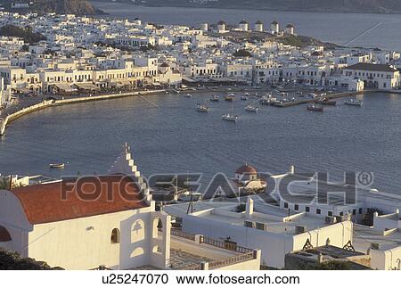 Stock Image -  Mykonos, Greece, Greek Islands, Cyclades, Europe, Scenic view of Mykonos Harbor on the Aegean Sea.. Fotosearch