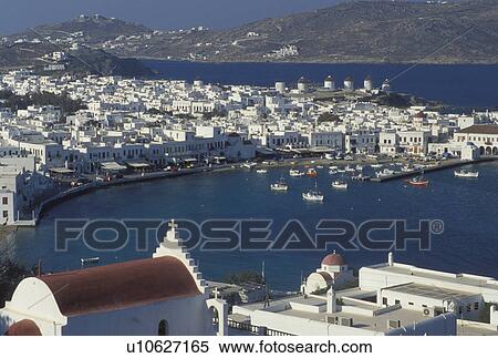 Stock Photography -  Mykonos, Greece, Greek Islands, Cyclades, Europe, Scenic view of Mykonos Harbor on the Aegean Sea.. Fotosearch