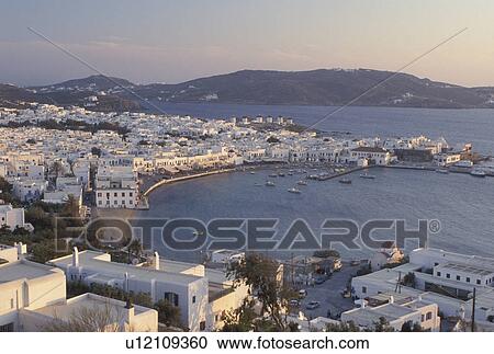 Stock Image -  Mykonos, Greek Islands, Cyclades, Greece, Europe, Scenic view of Mykonos Harbor on the Aegean Sea.. Fotosearch