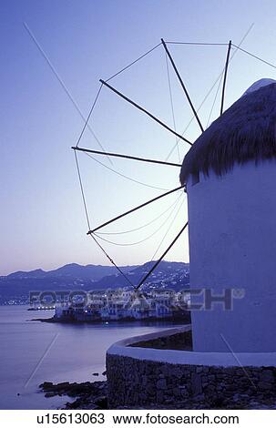 Mykonos, Greek Islands, Cyclades, Greece, Europe, Windmill on Mykonos in the early morning and view of the harbor on the Aegean Sea. View Large Photo Image Stock Image - Mykonos, Greek Islands, Cyclades, Greece, Europe, Windmill on Mykonos in the early morning and view of the harbor on the Aegean Sea.. Fotosearch
