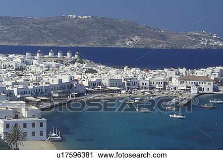 Mykonos, Greek Islands, Cyclades, Greece, Europe, Scenic view of Mykonos Harbor on the Aegean Sea. View Large Photo Image Stock Image - Mykonos, Greek Islands, Cyclades, Greece, Europe, Scenic view of Mykonos Harbor on the Aegean Sea.. Fotosearch
