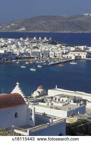 Mykonos, Greek Islands, Cyclades, Greece, Europe, Scenic view of Mykonos Harbor on the Aegean Sea. View Large Photo Image Stock Image - Mykonos, Greek Islands, Cyclades, Greece, Europe, Scenic view of Mykonos Harbor on the Aegean Sea.. Fotosearch