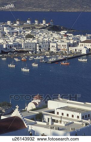 Stock Image -  Mykonos, Greek Islands, Cyclades, Greece, Europe, Scenic view of Mykonos Harbor on the Aegean Sea.. Fotosearch