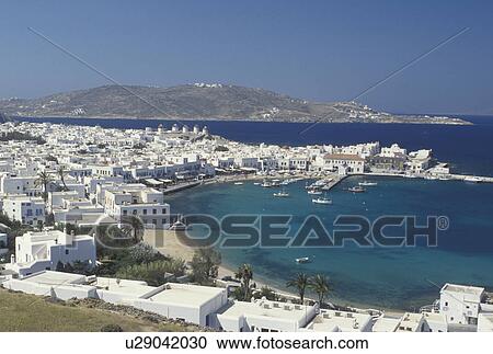 Stock Image -  Mykonos, Greek Islands, Cyclades, Greece, Europe, Scenic view of Mykonos Harbor on the Aegean Sea.. Fotosearch