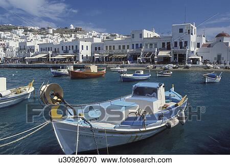 Mykonos, Greek Islands, Cyclades, Greece, Europe, Fishing boats buoyed in Mykonos Harbor on the Aegean Sea. View Large Photo Image Stock Image - Mykonos, Greek Islands, Cyclades, Greece, Europe, Fishing boats buoyed in Mykonos Harbor on the Aegean Sea.. Fotosearch