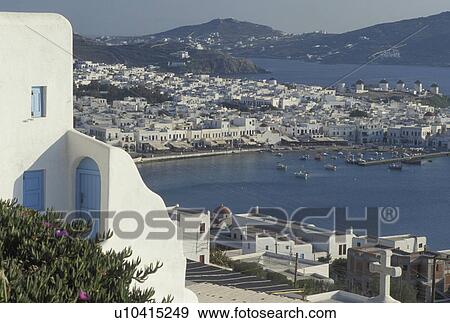 Stock Photo -  Mykonos, Greek Islands, Cyclades, Greece, Europe, Scenic view of Mykonos Harbor on the Aegean Sea.. Fotosearch