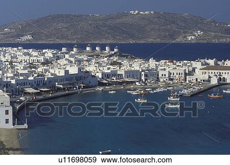 Mykonos, Greek Islands, Cyclades, Greece, Europe, Scenic view of Mykonos Harbor on the Aegean Sea. View Large Photo Image Stock Photo - Mykonos, Greek Islands, Cyclades, Greece, Europe, Scenic view of Mykonos Harbor on the Aegean Sea.. Fotosearch