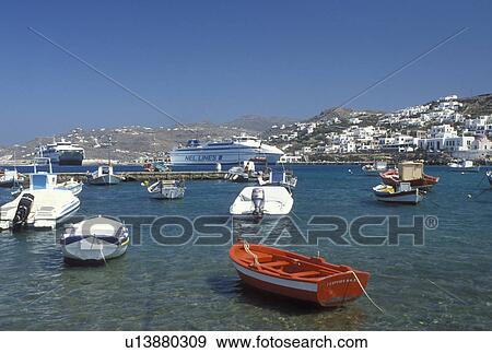 Mykonos, Greek Islands, Cyclades, Greece, Europe, Boats buoyed in Mykonos Harbor on the Aegean Sea. View Large Photo Image Stock Photo - Mykonos, Greek Islands, Cyclades, Greece, Europe, Boats buoyed in Mykonos Harbor on the Aegean Sea.. Fotosearch