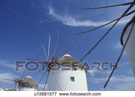 Stock Photo -  Mykonos, Greek Islands, Cyclades, Greece, Europe, Windmills on Mykonos Island.. Fotosearch