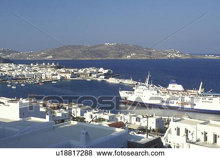 Stock Photo -  Mykonos, Greek Islands, Cyclades, Greece, Europe, Scenic view of Mykonos Harbor on the Aegean Sea.. Fotosearch