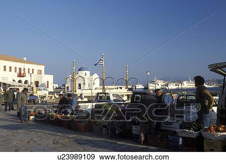 Mykonos, Greek Islands, Cyclades, Greece, Europe, Outdoor market on the waterfront on Mykonos Harbor on the Aegean Sea. View Large Photo Image Stock Photo - Mykonos, Greek Islands, Cyclades, Greece, Europe, Outdoor market on the waterfront on Mykonos Harbor on the Aegean Sea.. Fotosearch