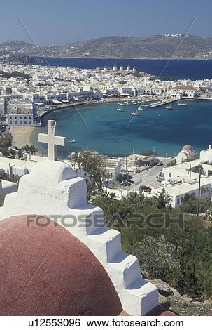 Mykonos, Greek Islands, Cyclades, Greece, Europe, Scenic view of Mykonos Harbor on the Aegean Sea. View Large Photo Image Stock Photograph - Mykonos, Greek Islands, Cyclades, Greece, Europe, Scenic view of Mykonos Harbor on the Aegean Sea.. Fotosearch