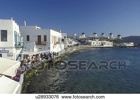 Mykonos, Greek Islands, Cyclades, Greece, Europe, Outdoor cafT at Little Venice along the waterfront of Mykonos on the Aegean Sea. View Large Photo Image Stock Photograph - Mykonos, Greek Islands, Cyclades, Greece, Europe, Outdoor cafT at Little Venice along the waterfront of Mykonos on the Aegean Sea.. Fotosearch