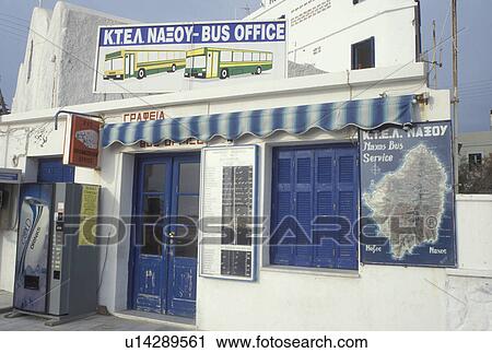 Stock Image -  Naxos, Greece, Greek Islands, Cyclades, Europe, Bus Station in the village of Hora Naxos on Naxos Island on the Aegean Sea.. Fotosearch