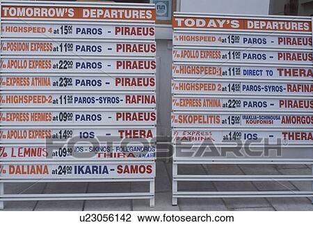 Naxos, Greek Islands, Cyclades, Greece, Europe, Ferry schedule departure times in the village of Hora Naxos on Naxos Island on the Aegean Sea. View Large Photo Image Stock Image - Naxos, Greek Islands, Cyclades, Greece, Europe, Ferry schedule departure times in the village of Hora Naxos on Naxos Island on the Aegean Sea.. Fotosearch