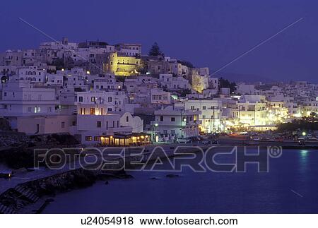 Naxos, Greek Islands, Greece, Cyclades, Europe, Scenic view of Hora Naxos and the causeway in the evening from the islet of Palatia on Naxos Island on the Aegean Sea. View Large Photo Image Stock Photo - Naxos, Greek Islands, Greece, Cyclades, Europe, Scenic view of Hora Naxos and the causeway in the evening from the islet of Palatia on Naxos Island on the Aegean Sea.. Fotosearch