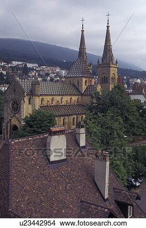 Neuchatel, Switzerland, Scenic view of the city of Neuchatel and the Romanesque-Gothic church, the Collegiale. View Large Photo Image Picture - Neuchatel, Switzerland, Scenic view of the city of Neuchatel and the Romanesque-Gothic church, the Collegiale.. Fotosearch