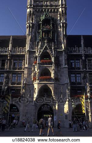 New Town Hall, Munich, Germany, Bavaria, Munchen, Europe, Glockenspiel on the Neues Rathaus at the Marienplatz in downtown Munich. View Large Photo Image Stock Photo - New Town Hall, Munich, Germany, Bavaria, Munchen, Europe, Glockenspiel on the Neues Rathaus at the Marienplatz in downtown Munich.. Fotosearch