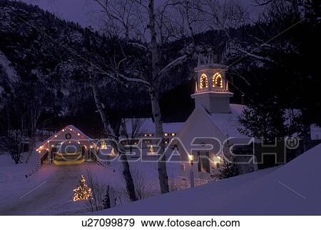 NH, New Hampshire, Stark, Christmas lights decorate the Stark Union Church and covered bridge in the evening in winter. View Large Photo Image Stock Photo - NH, New Hampshire, Stark, Christmas lights decorate the Stark Union Church and covered bridge in the evening in winter.. Fotosearch