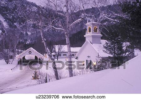 NH, New Hampshire, Stark, Christmas lights decorate the Stark Union Church and covered bridge in the evening in winter. View Large Photo Image Stock Photograph - NH, New Hampshire, Stark, Christmas lights decorate the Stark Union Church and covered bridge in the evening in winter.. Fotosearch