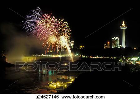 Niagara Falls, fireworks, Canada/USA, Ontario, NY, New York, Niagara River, Firework display over Niagara Falls at night. View Large Photo Image Stock Photograph - Niagara Falls, fireworks, Canada/USA, Ontario, NY, New York, Niagara River, Firework display over Niagara Falls at night.. Fotosearch