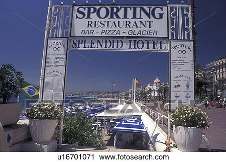 Nice, Cote d' Azur, France, Provence, Alpes-Maritimes, Europe, Sporting restaurant along the Promenade des Anglais on the beach along the Mediterranean Sea in the city of Nice. View Large Photo Image Stock Image - Nice, Cote d' Azur, France, Provence, Alpes-Maritimes, Europe, Sporting restaurant along the Promenade des Anglais on the beach along the Mediterranean Sea in the city of Nice.. Fotosearch