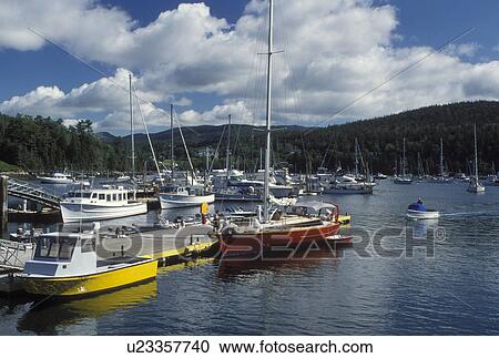 Stock Image -  Northeast Harbor, ME, Maine, Mount Desert Island, Boats docked at the marina in Northeast Harbor on the Atlantic Ocean.. Fotosearch