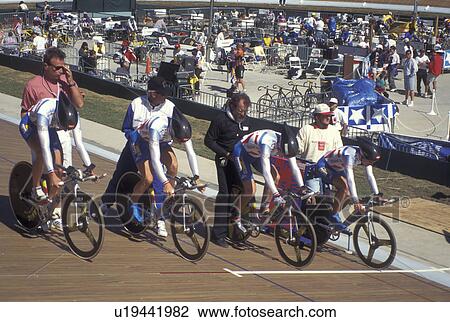 Stock Image -  Olympics, cyclists, velodrome, Atlanta, GA, Georgia, French team at the start of the Cycling Invitational at the Velodrome, a Pre-Olympic Event, at Stone Mountain Park.. Fotosearch