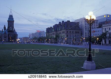 Ottawa, Ontario, Canada, Buildings along the street on Parliament Hill in the evening. View Large Photo Image Stock Photography - Ottawa, Ontario, Canada, Buildings along the street on Parliament Hill in the evening.. Fotosearch