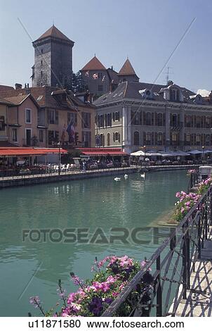 Stock Image -  outdoor cafT, Annecy, France, Haute-Savoie, Rhone-Alpes, Europe, Outdoor cafes along the Thiou canal in the old town of Annecy. . Fotosearch