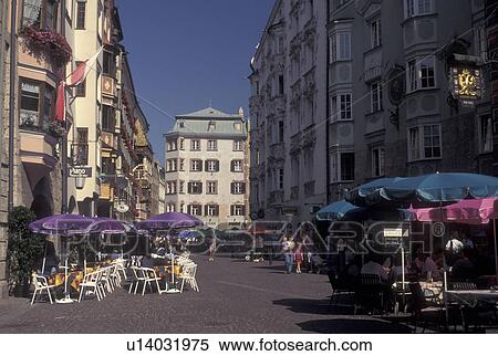 outdoor cafT, Austria, Innsbruck, Tirol, Outdoor cafes along a cobbled pedestrian street in the city of Innsbruck. View Large Photo Image Stock Photography - outdoor cafT, Austria, Innsbruck, Tirol, Outdoor cafes along a cobbled pedestrian street in the city of Innsbruck.. Fotosearch