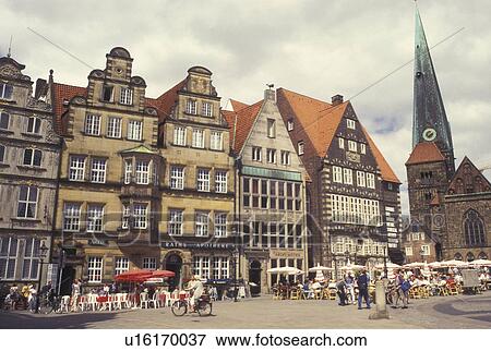 Stock Photo -  outdoor cafT, Bremen, Germany, Europe, Outdoor cafTs Am Markt in downtown Bremen.. Fotosearch