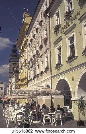 outdoor cafT, Czech Republic, Ceske Budejovice, Budweis, Southern Bohemia, Outdoor cafT in The Great Square in Budweis. View Large Photo Image Stock Image - outdoor cafT, Czech Republic, Ceske Budejovice, Budweis, Southern Bohemia, Outdoor cafT in The Great Square in Budweis.. Fotosearch