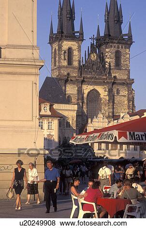 outdoor cafT, Prague, Czech Republic, Praha, Central Bohemia, Outdoor cafT and Tyn Church in Old Town Square in the city of Prague. View Large Photo Image Stock Photo - outdoor cafT, Prague, Czech Republic, Praha, Central Bohemia, Outdoor cafT and Tyn Church in Old Town Square in the city of Prague.. Fotosearch