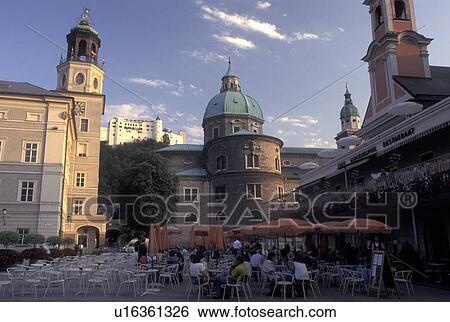 Stock Photograph -  outdoor cafT, Salzburg, Austria, Outdoor cafT at Mozartplatz in the city of Salzburg.. Fotosearch