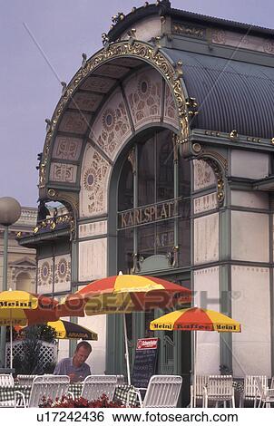 Stock Photograph -  outdoor cafT, Vienna, Austria, Wien, Outdoor cafT at Karlplatz in Vienna.. Fotosearch