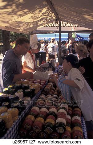 Stock Photo -  outdoor market, Edam, Netherlands, Holland, Noord-Holland, Europe, Cheese market on market day in the city of Edam.. Fotosearch