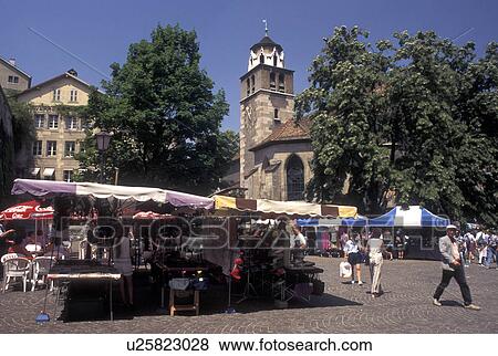Stock Photo -  outdoor market, Geneva, Switzerland, Outdoor market at a public square in the old town of the city of Geneva.. Fotosearch